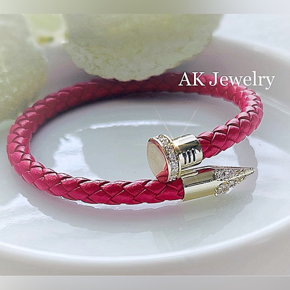 💎Deep Rouge/Pink Leather Nail Bracelet Pave Nail Head, Twisted, Magnetic Closure